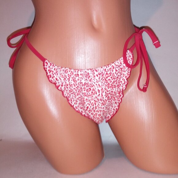 Victoria Secret PINK Swim Bikini Bottom Thong Red White Leopard Ruffle String Ti - Picture 1 of 8